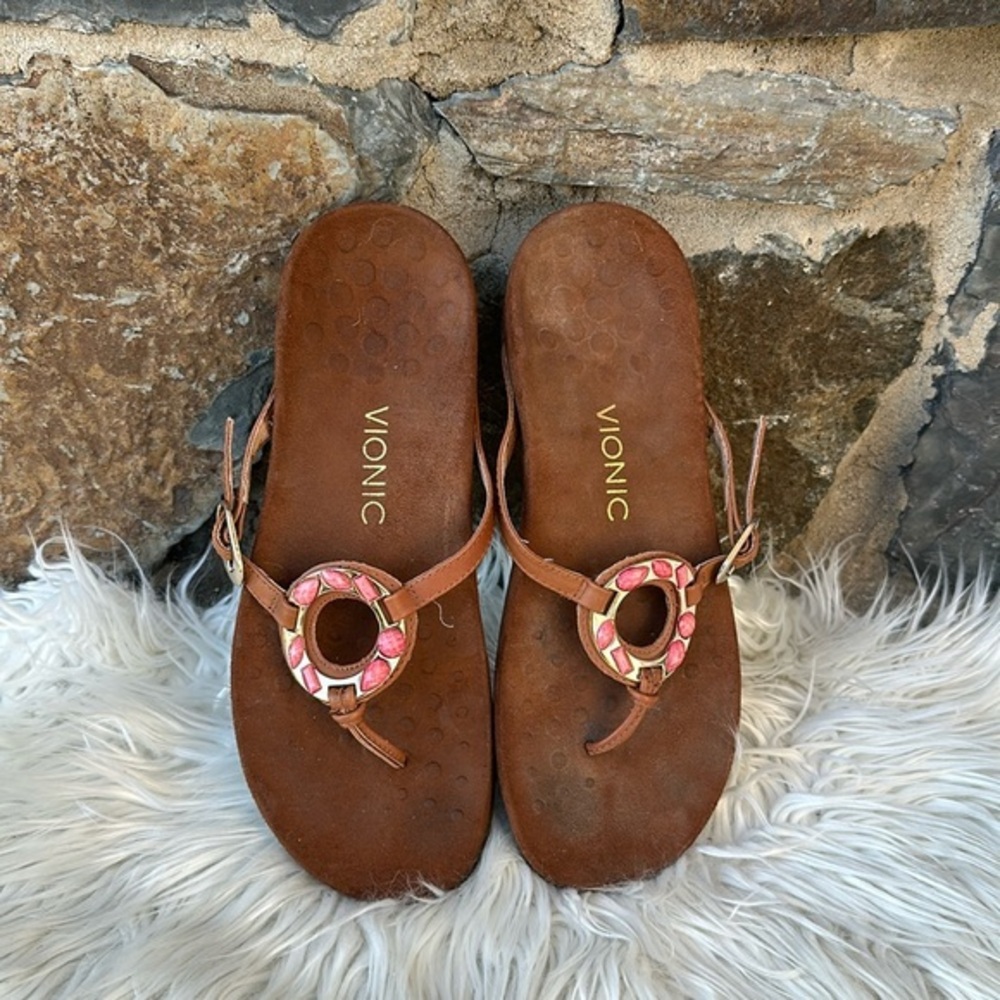 Vionic Ricci Thong Sandals Brown Leather Pink Gem Accents Size 8